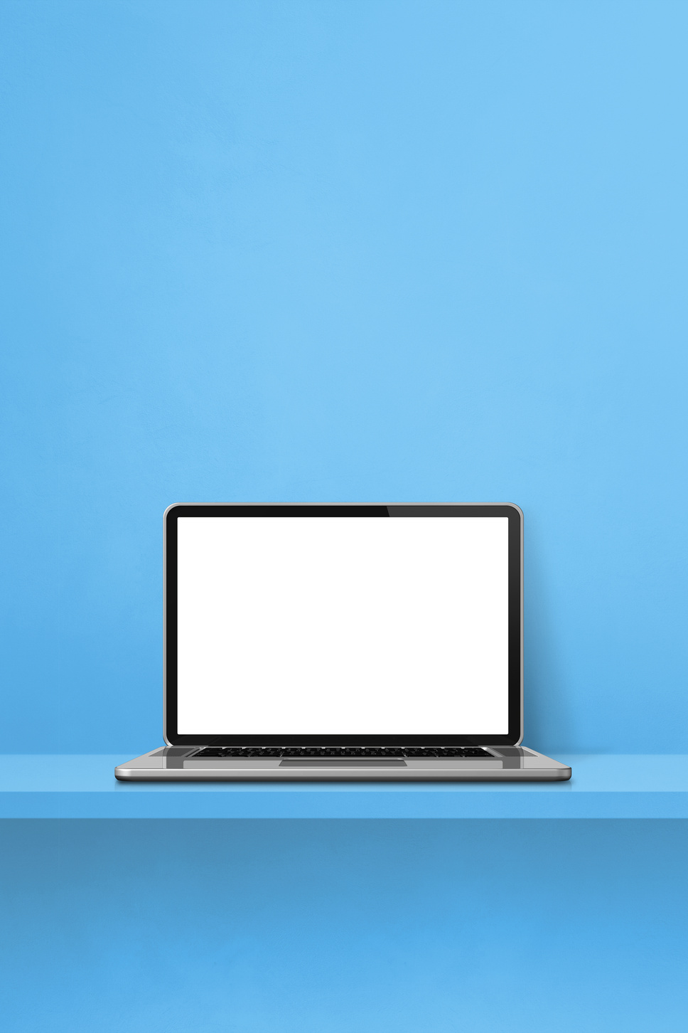Laptop Computer on Blue Shelf. Vertical Background